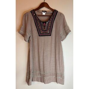 Pixie Womens Embroidered Boho Aztec Tunic Dress Taupe Crinkle Gauze Sequin Small